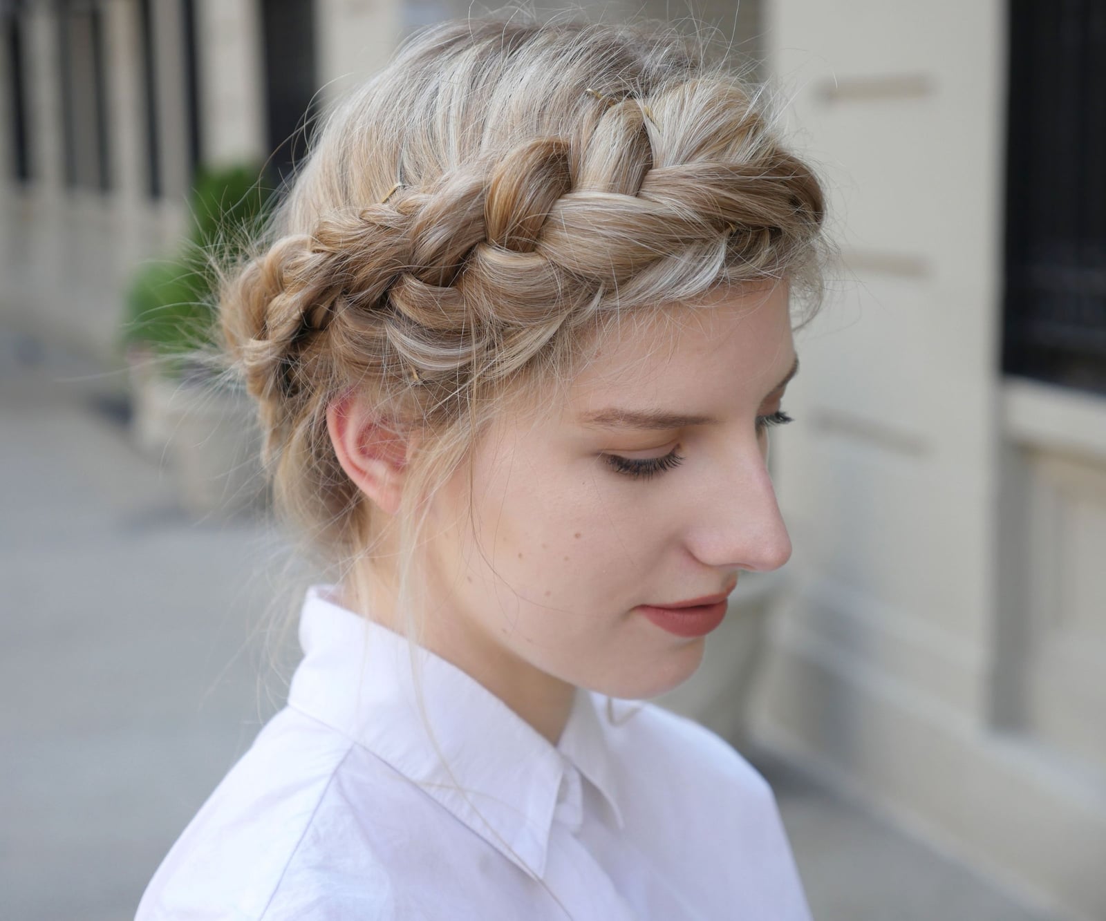 Collarbone Ash Blonde Crown Braid Wispy Bangs Collarbone Ash Blonde Crown Braid Wispy Bangs