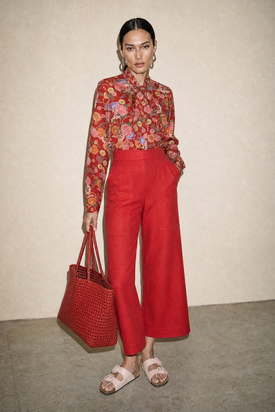 Bold Red Floral Culottes with Matching Blouse and Pink Slides Bold Red Floral Culottes with Matching Blouse and Pink Slides — Culottes Outfits