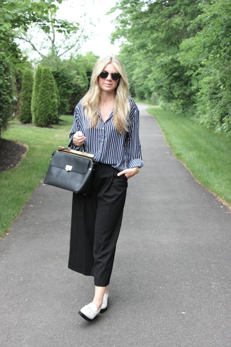 Black Wide-Leg Culottes with Striped Button-Down Shirt and White Black Wide-Leg Culottes with Striped Button-Down Shirt and White — Culottes Outfits