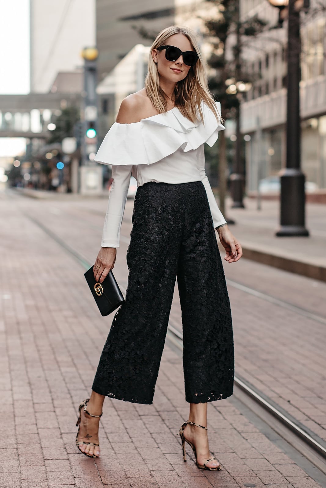 Black Lace Culottes with White Ruffled Top and Leopard Heels Black Lace Culottes with White Ruffled Top and Leopard Heels — Culottes Outfits