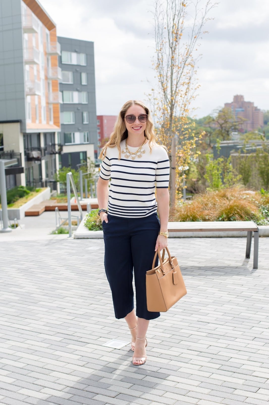 Navy High-Waisted Culottes with Striped Top and Tan Tote Bag Navy High-Waisted Culottes with Striped Top and Tan Tote Bag — Culottes Outfits