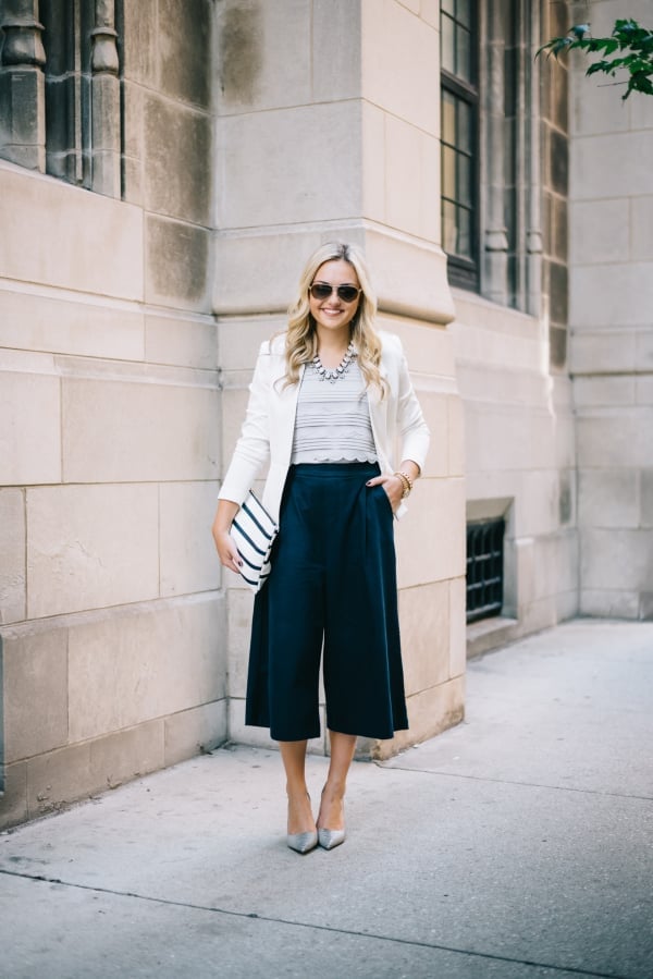 Navy Wide-Leg Culottes with White Blazer and Silver Heels Navy Wide-Leg Culottes with White Blazer and Silver Heels — Culottes Outfits
