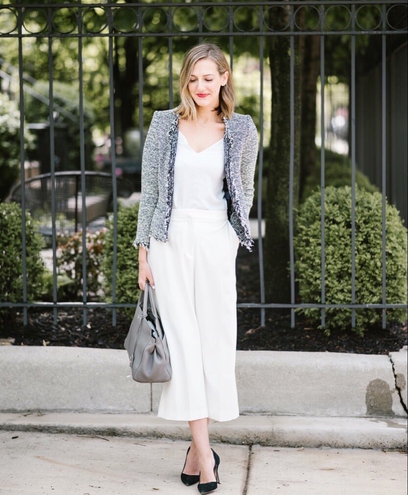White High-Waisted Culottes with Tweed Blazer and Black Heels White High-Waisted Culottes with Tweed Blazer and Black Heels — Culottes Outfits