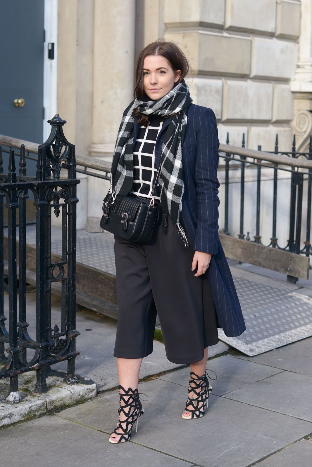 Black Culottes with Checked Top, Scarf, and Navy Pinstripe Coat Black Culottes with Checked Top, Scarf, and Navy Pinstripe Coat — Culottes Outfits