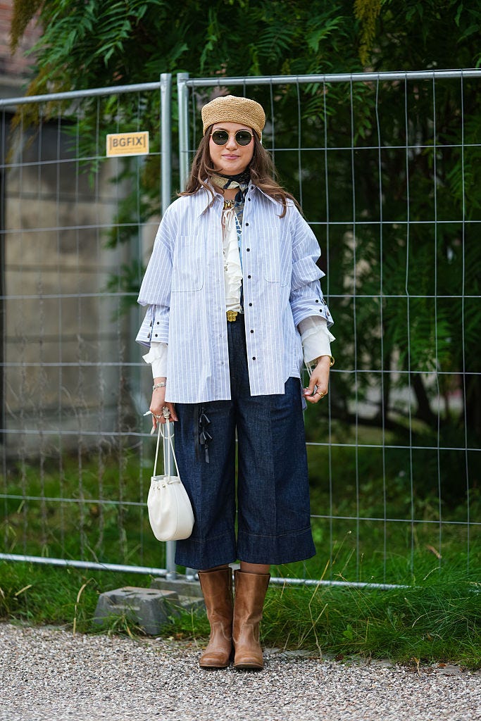 Dark Denim Culottes with Layered Striped Shirt and Straw Beret Dark Denim Culottes with Layered Striped Shirt and Straw Beret — Culottes Outfits