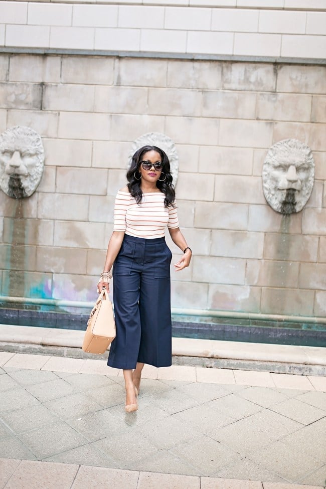 Navy High-Waisted Culottes with Striped Off-The-Shoulder Top and Nude Navy High-Waisted Culottes with Striped Off-The-Shoulder Top and Nude — Culottes Outfits