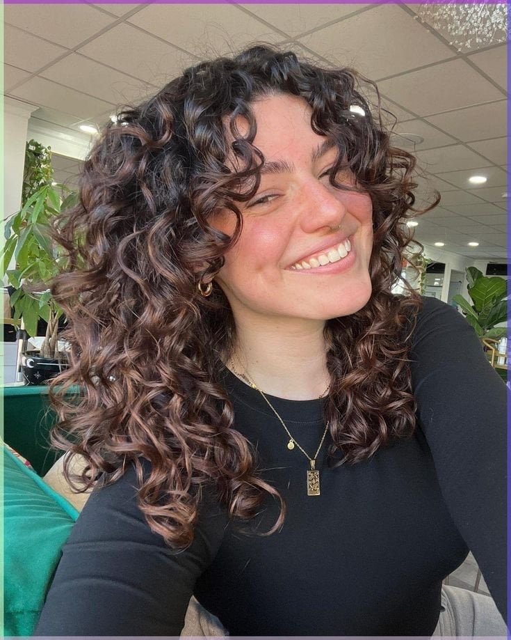 Mid-Back Shag With Curtain Bangs And Balayage — Curly Bangs