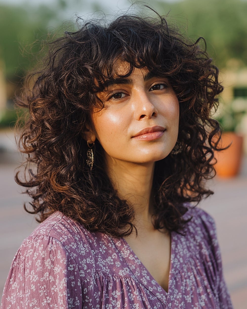 Shoulder Length Curly Shag With Subtle Highlights — Curly Bangs