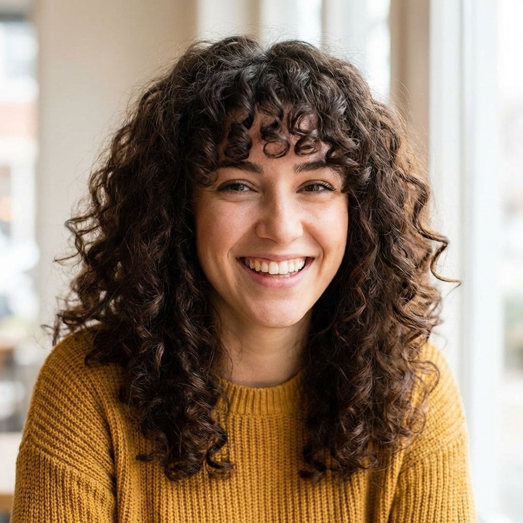 Collarbone Layers With Blonde Highlights — Curly Bangs
