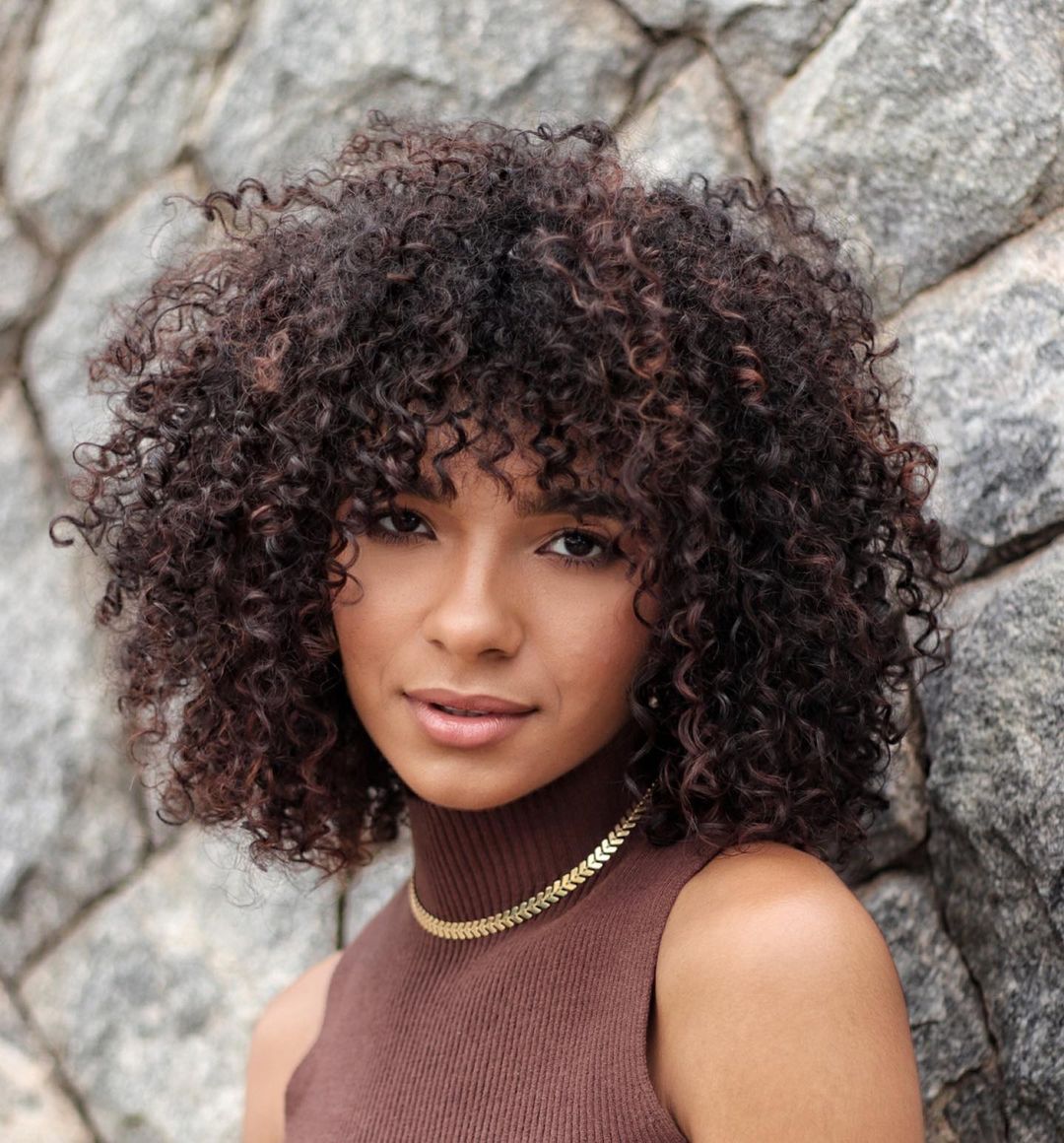 Shoulder Length Dark Brown Bob With Blonde Balayage — Curly Bangs