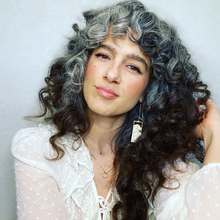 Mid-Back Dark Brown With Gray Streaks — Curly Bangs