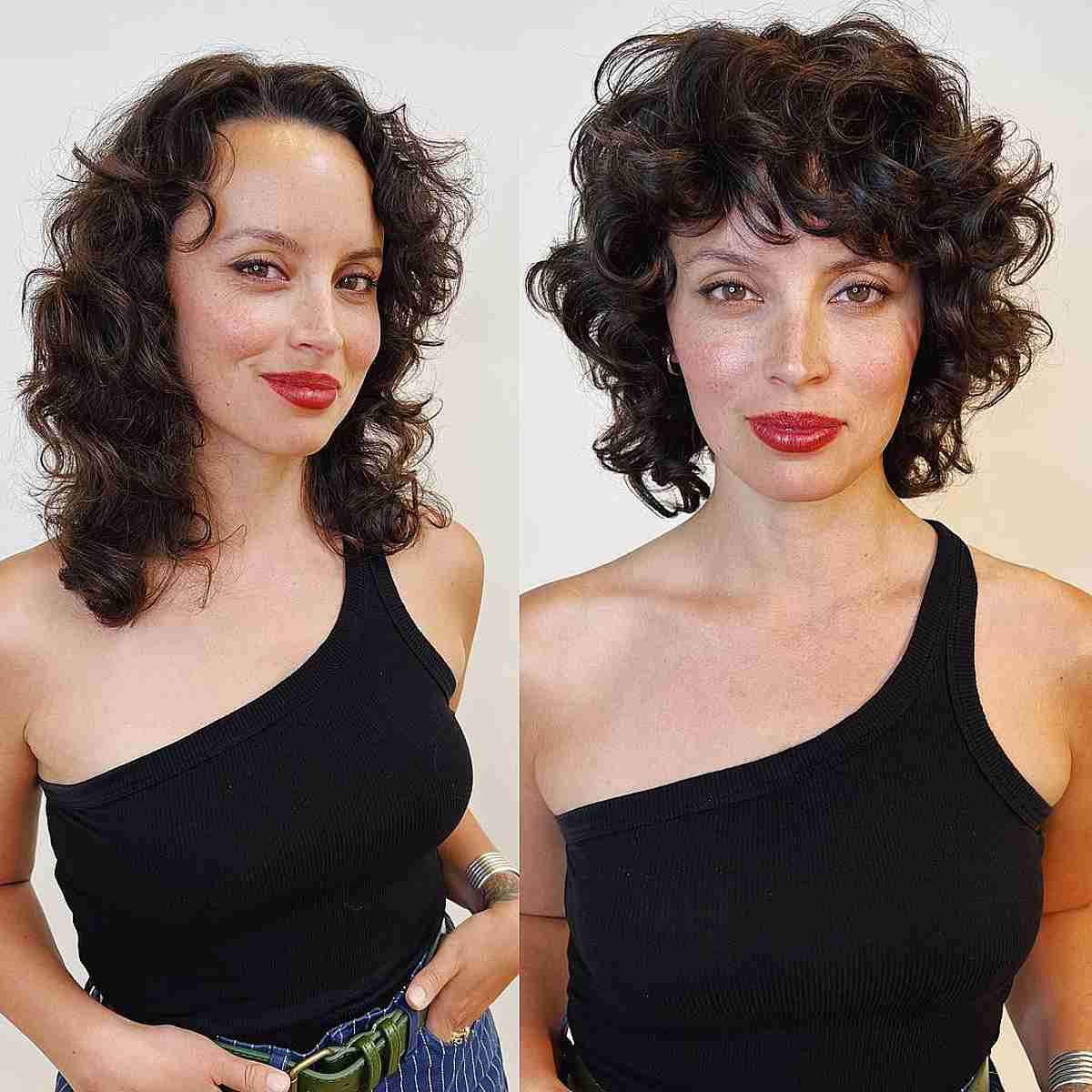 Chin Length Curly Bob With Defined Bangs — Curly Bangs