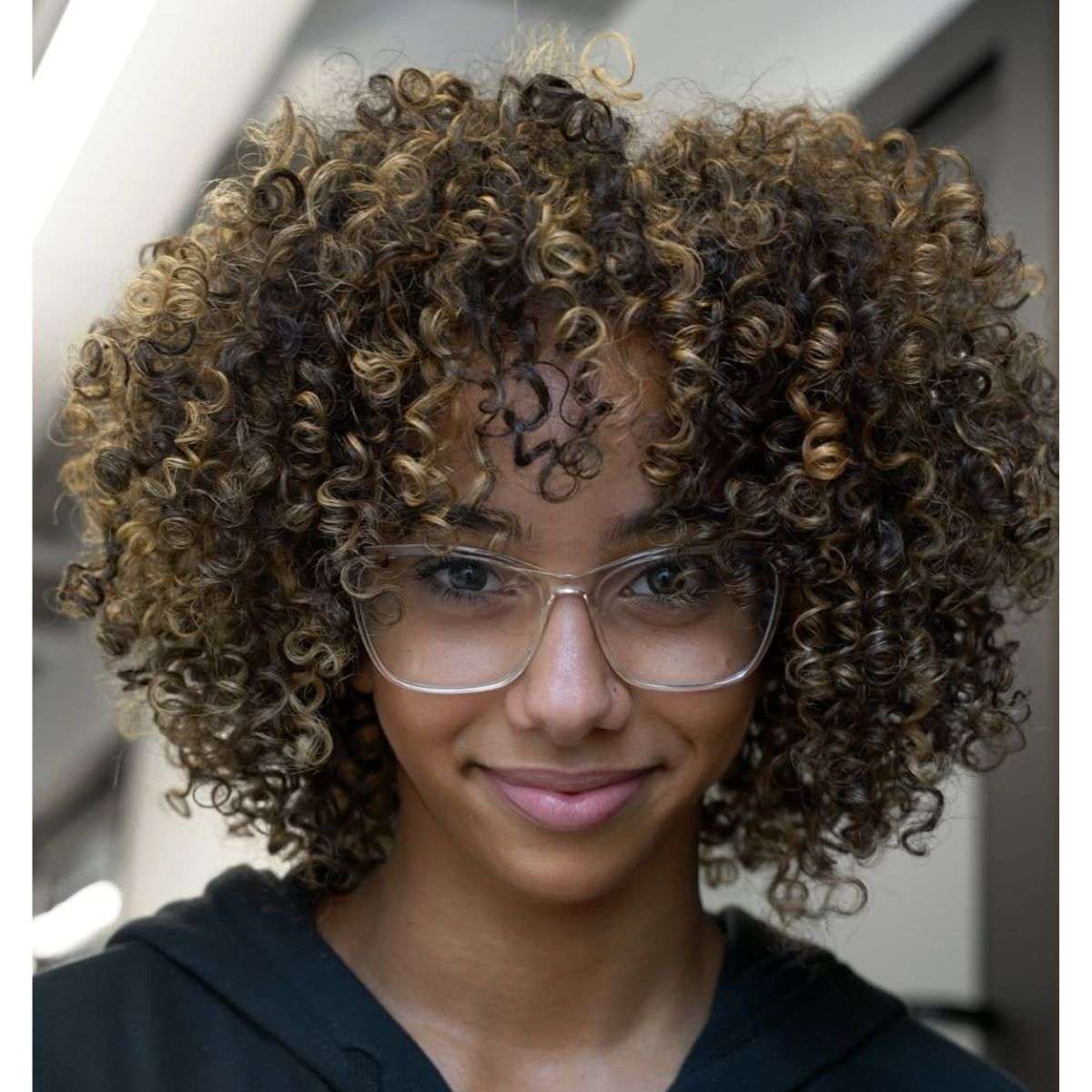 Shoulder Length Dark Brown With Blonde Highlights and Air Dried — Curly Bangs