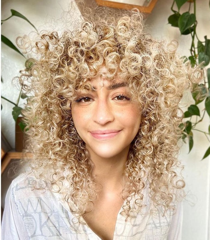 Platinum Blonde Curly Hair With Full Bangs — Curly Bangs