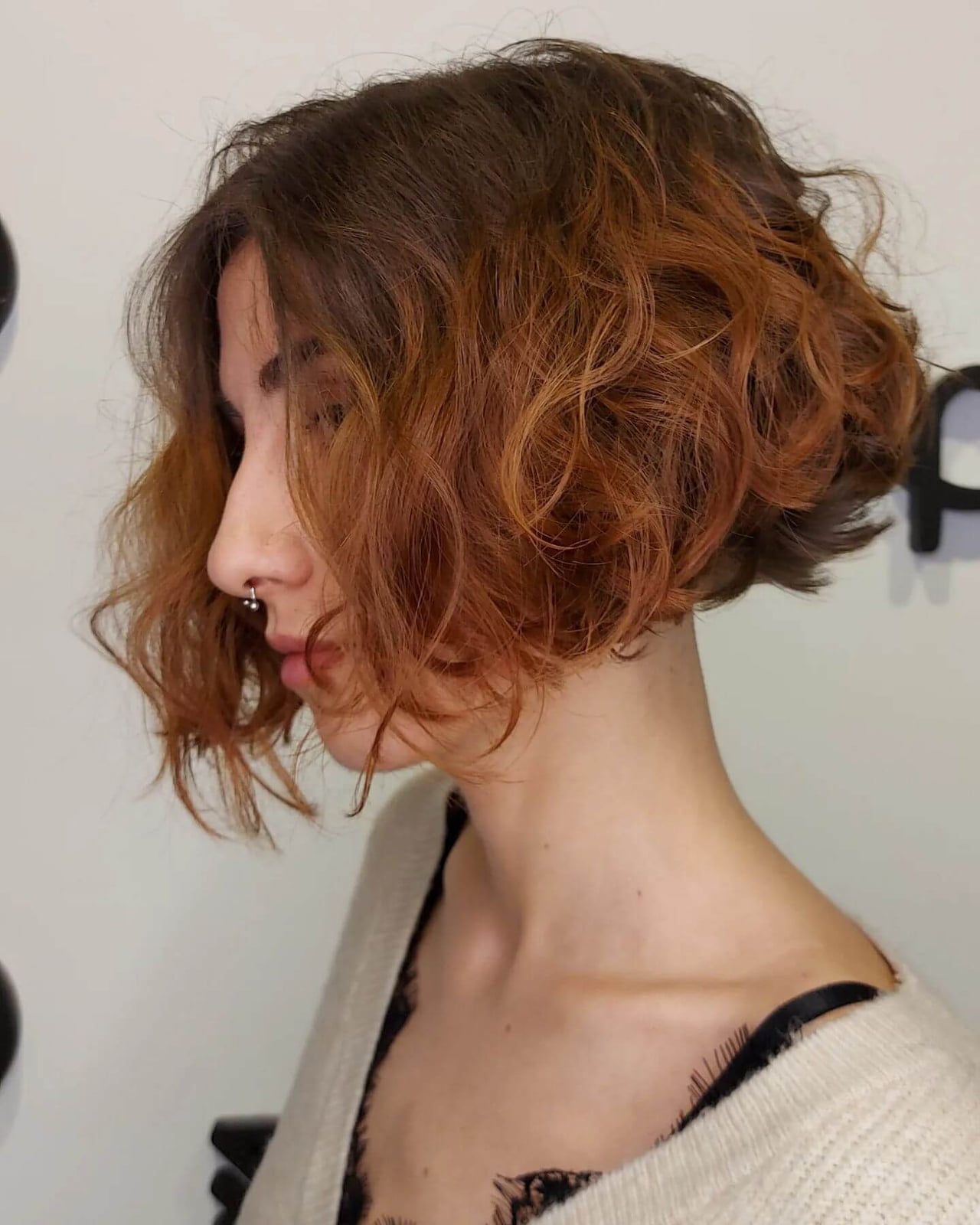 Chin Length Inverted Bob Copper Balayage, Close-Up Take Chin Length Inverted Bob Copper Balayage, Close-Up Take — Curly Bob Hairstyles