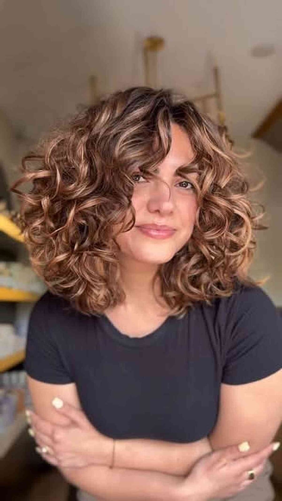 Brunette Lob With Caramel Highlights — Curly Hair Cuts