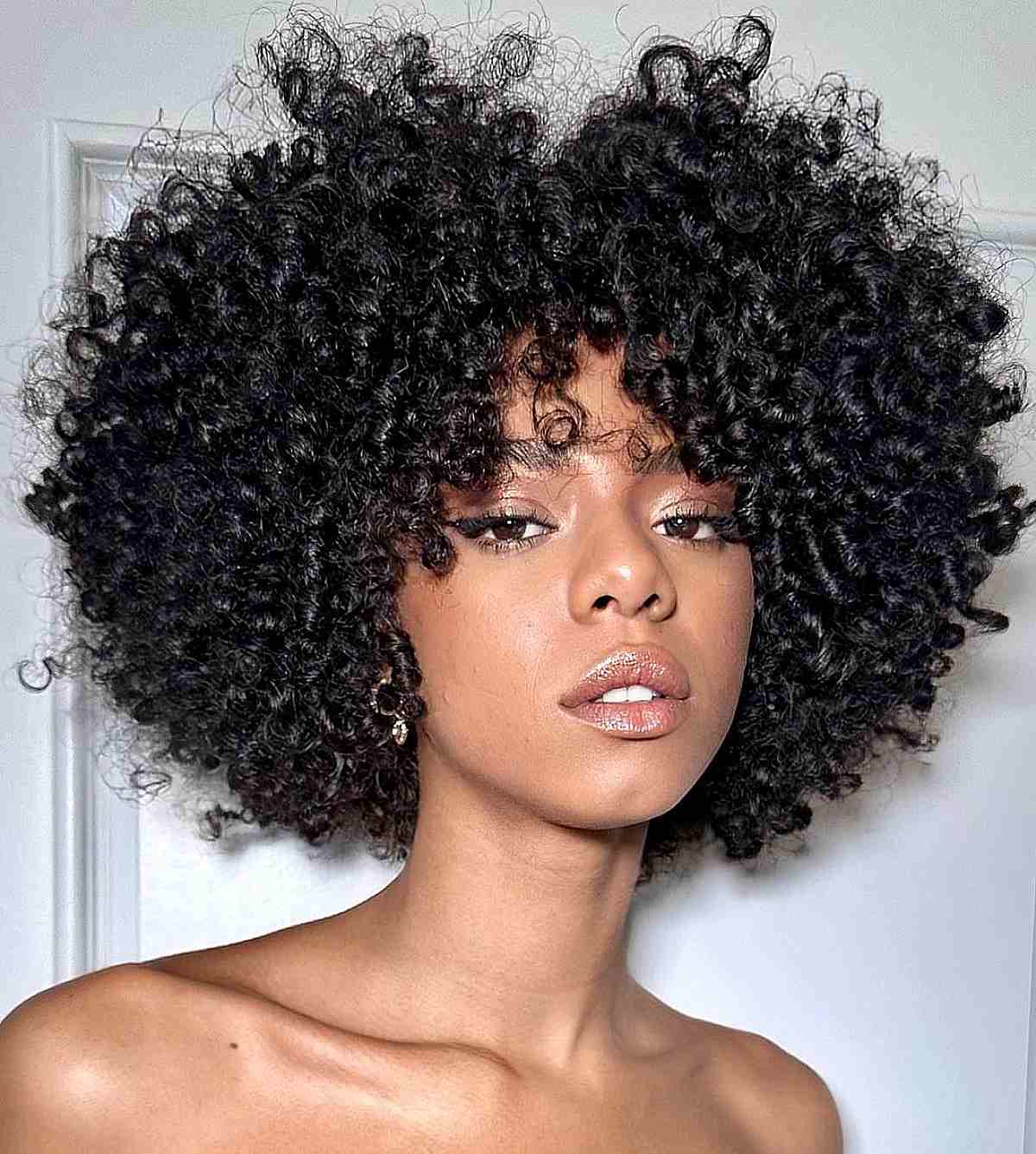 Voluminous Short Layered Cut With Curly Bangs, Ear — Curly Hair Cutting