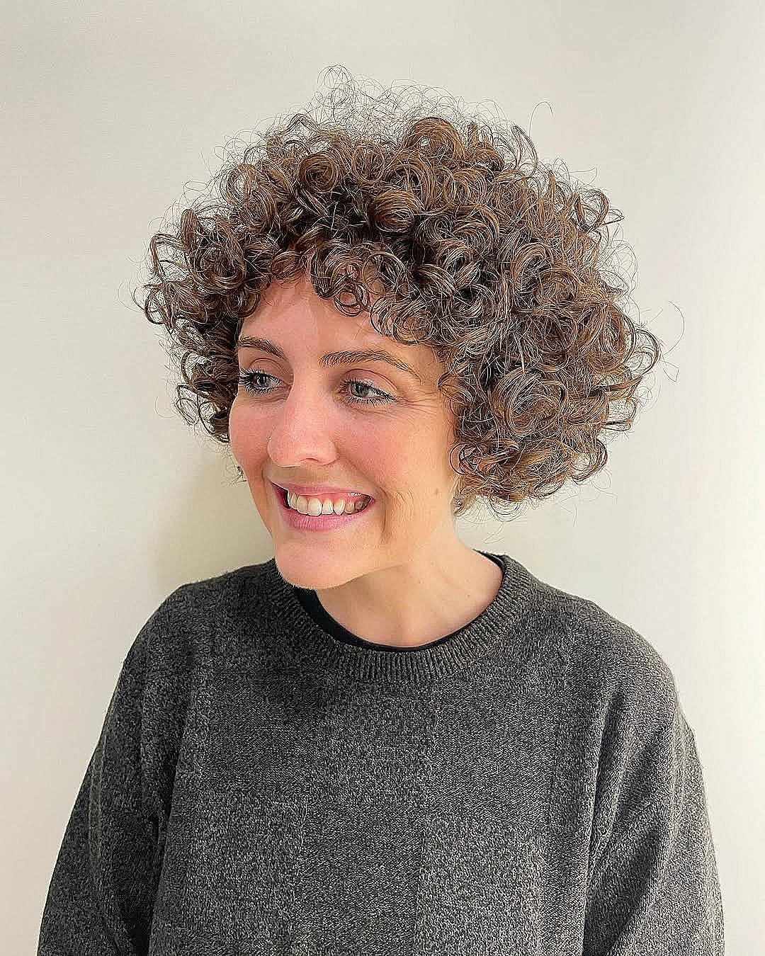 Layered Chin Bob With Curtain Bangs and Brown With Subtle Highlights — Curly Hair Cutting