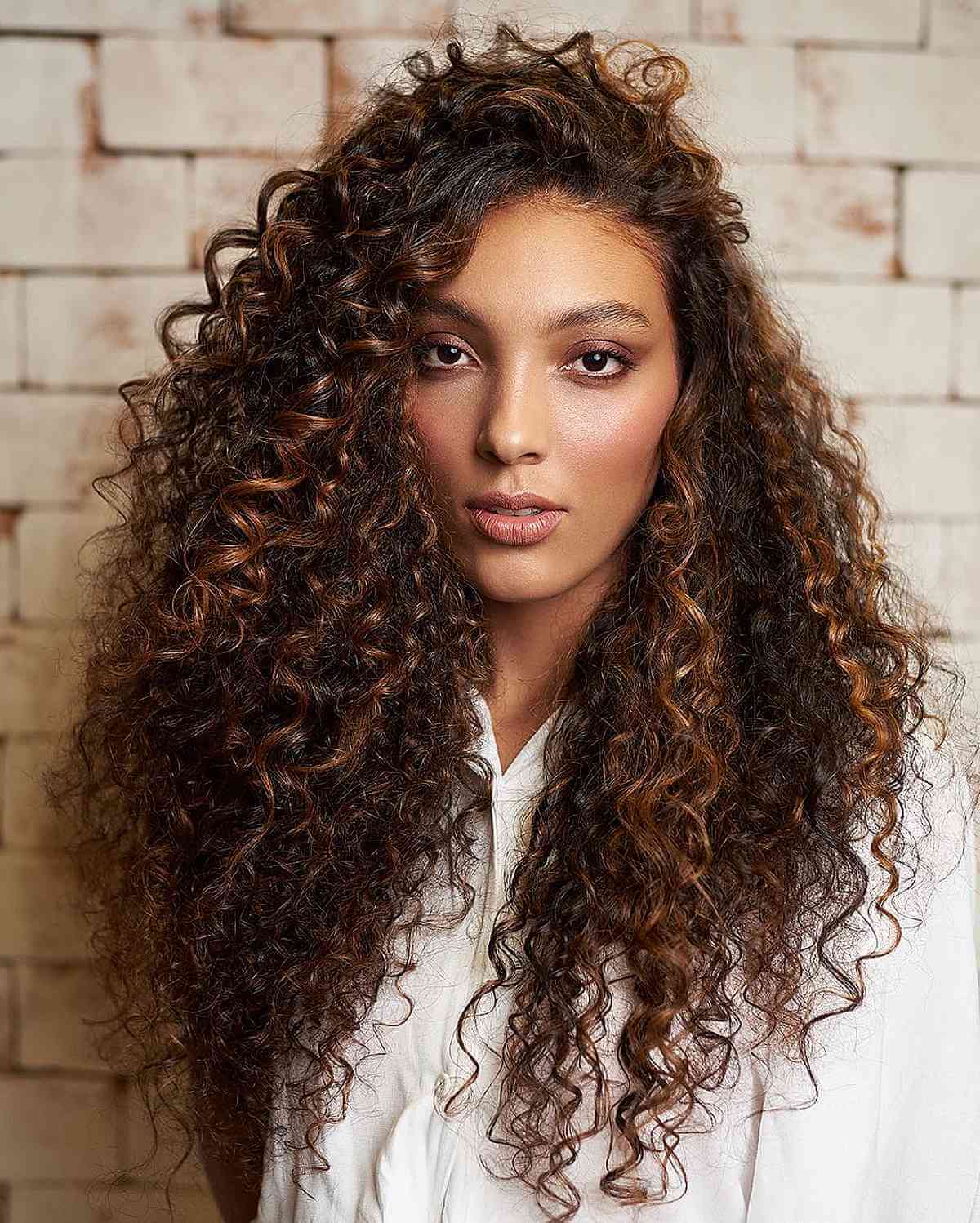 Mid-Back Dark Brown With Balayage Highlights — Curly Hair Down