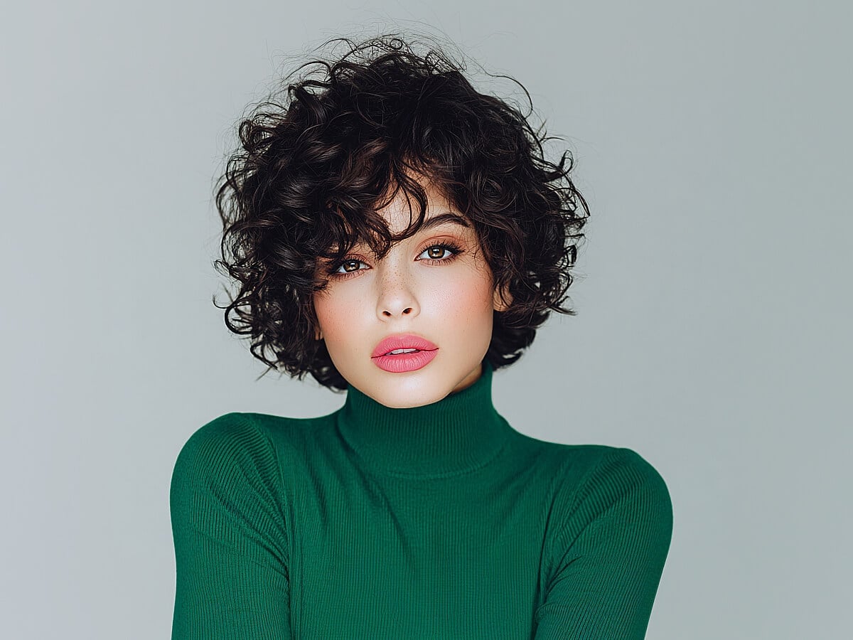 Collarbone Curly Hair With Defined Curtain Bangs — Curly Hair Down