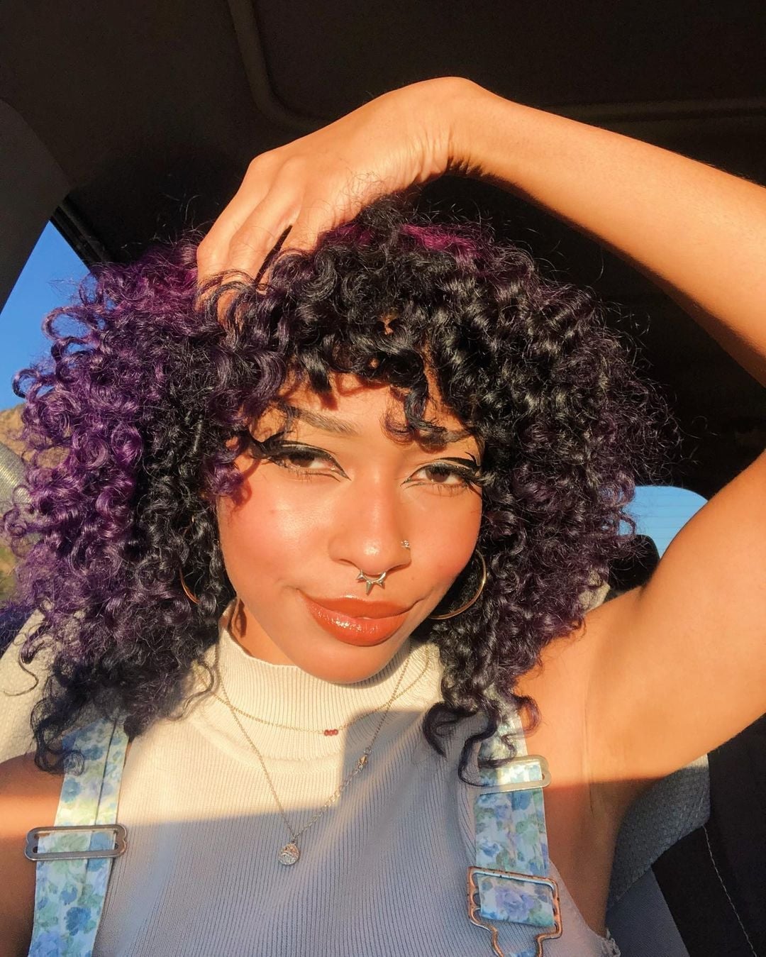 Shoulder Length Dark Brown With Purple Highlights — Curly Hair Dye