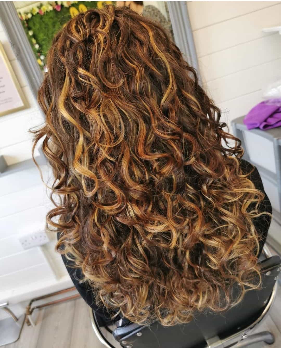 Mid-Back Brown With Blonde Balayage and Styled Air-Dried — Curly Hair Dye