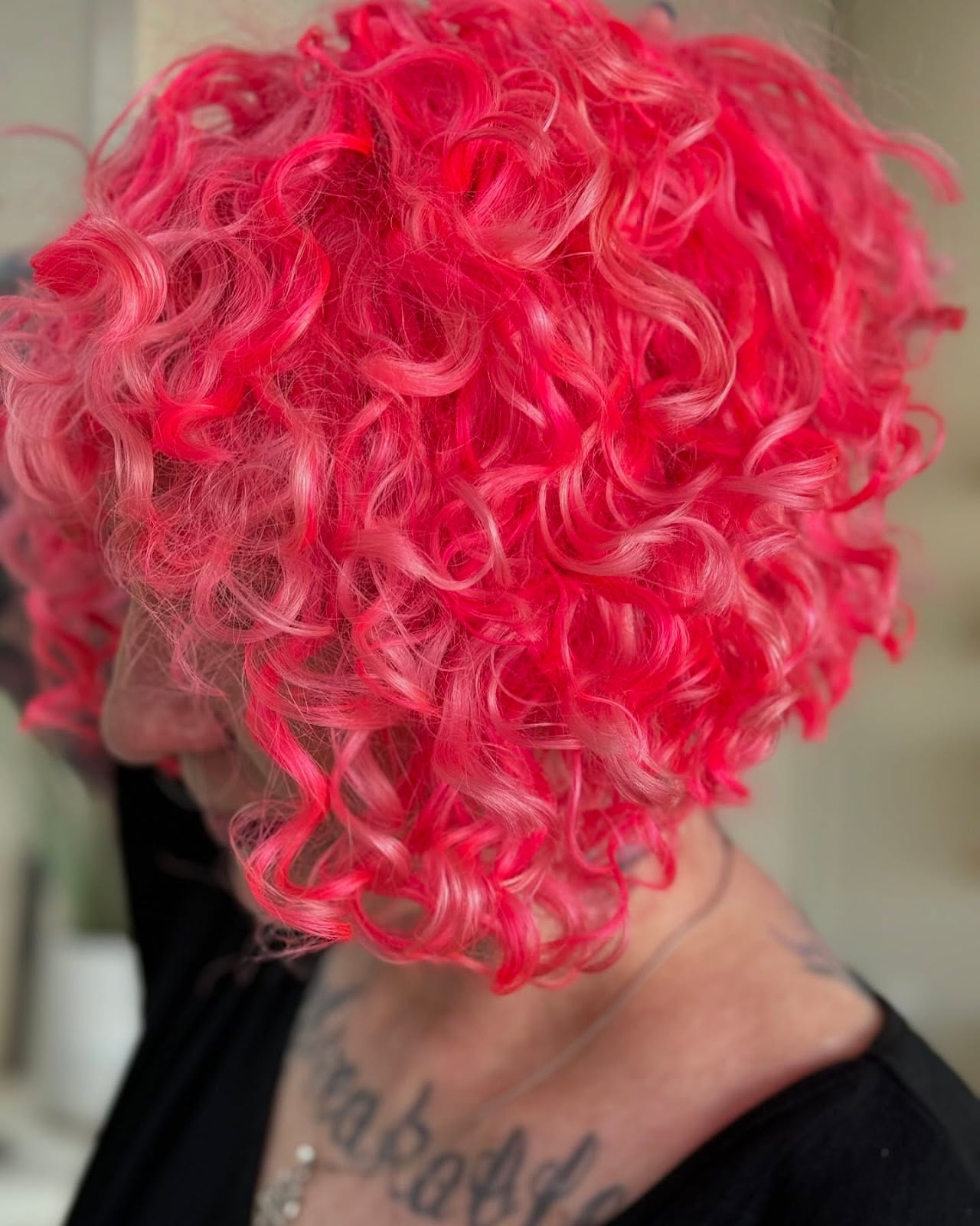 Vivid Pink Bob With Lighter Highlights — Curly Hair Dye