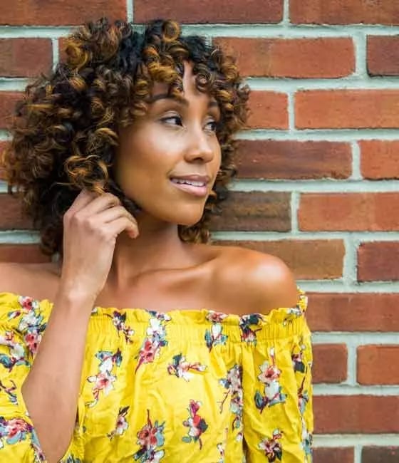 Layered Shoulder Length Dark Brown With Caramel, Close-Up Take Layered Shoulder Length Dark Brown With Caramel, Close-Up Take — Curly Hair Highlights