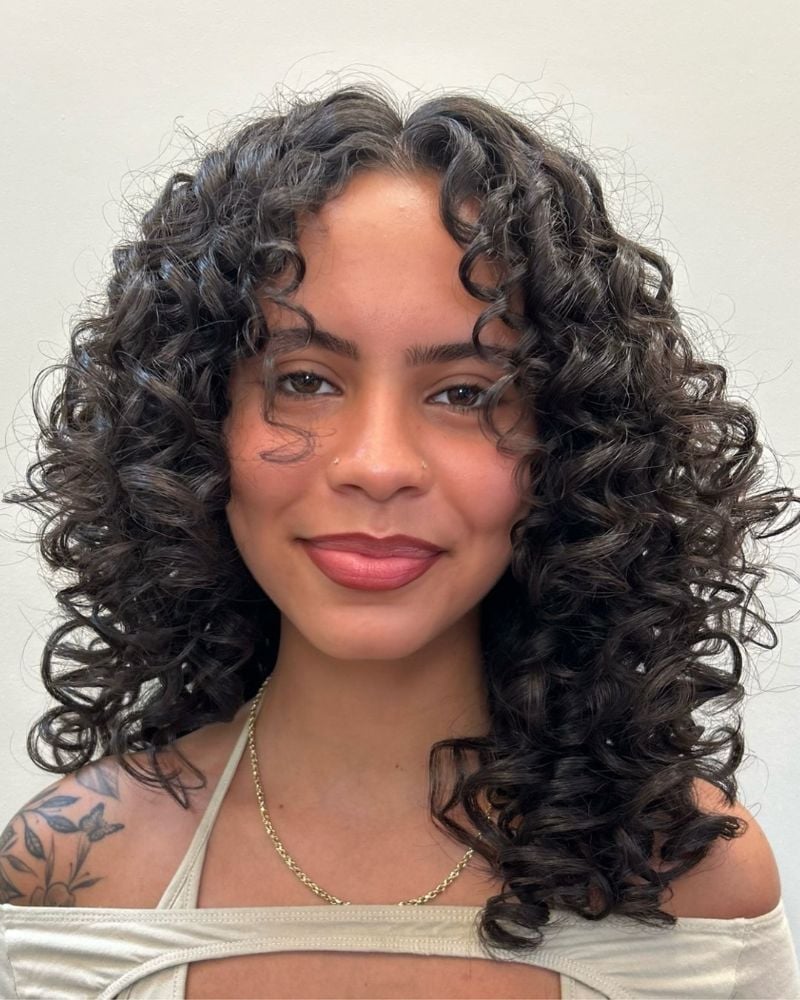Collarbone Dark Brown With Curtain Bangs — Curly Hair Layers