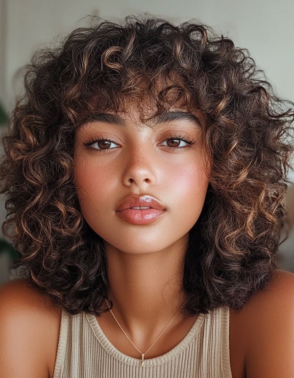 Collarbone Layers With Blonde Highlights and Curtain Bangs — Curly Hair Layers