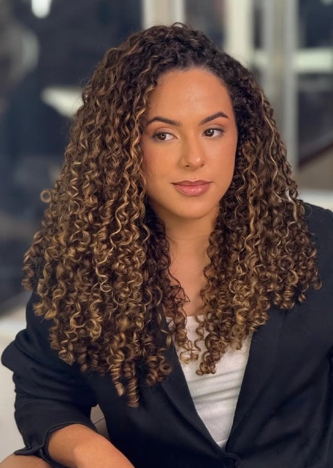 Mid-Back Dark Brown With Caramel Balayage — Curly Hair Layers