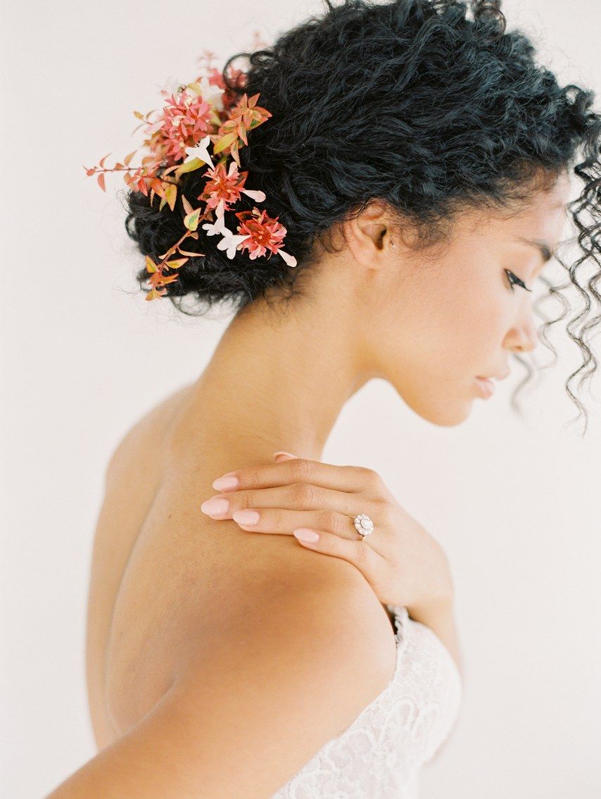 Chin Length Updo With Wispy Bangs Chin Length Updo With Wispy Bangs — Curly Hair Wedding