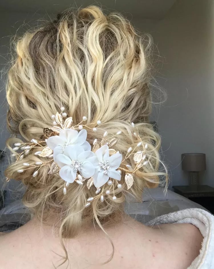 Blonde Romantic Updo With Floral Accessory Blonde Romantic Updo With Floral Accessory — Curly Hair Wedding