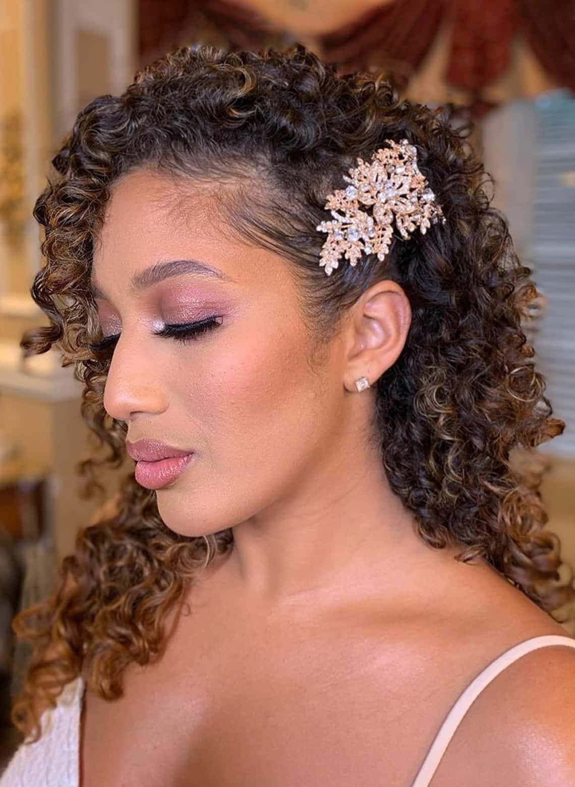 Mid-Back Updo With Caramel Highlights Mid-Back Updo With Caramel Highlights — Curly Hair Wedding
