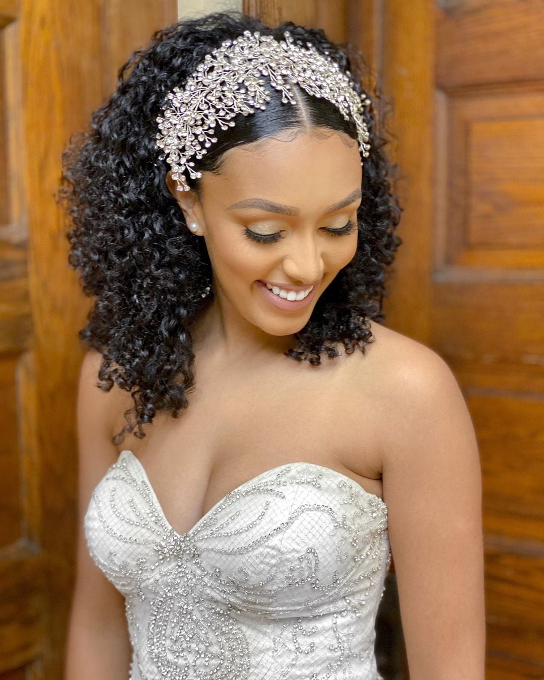 Shoulder Length Curls With Ornate Headband Shoulder Length Curls With Ornate Headband — Curly Hair Wedding