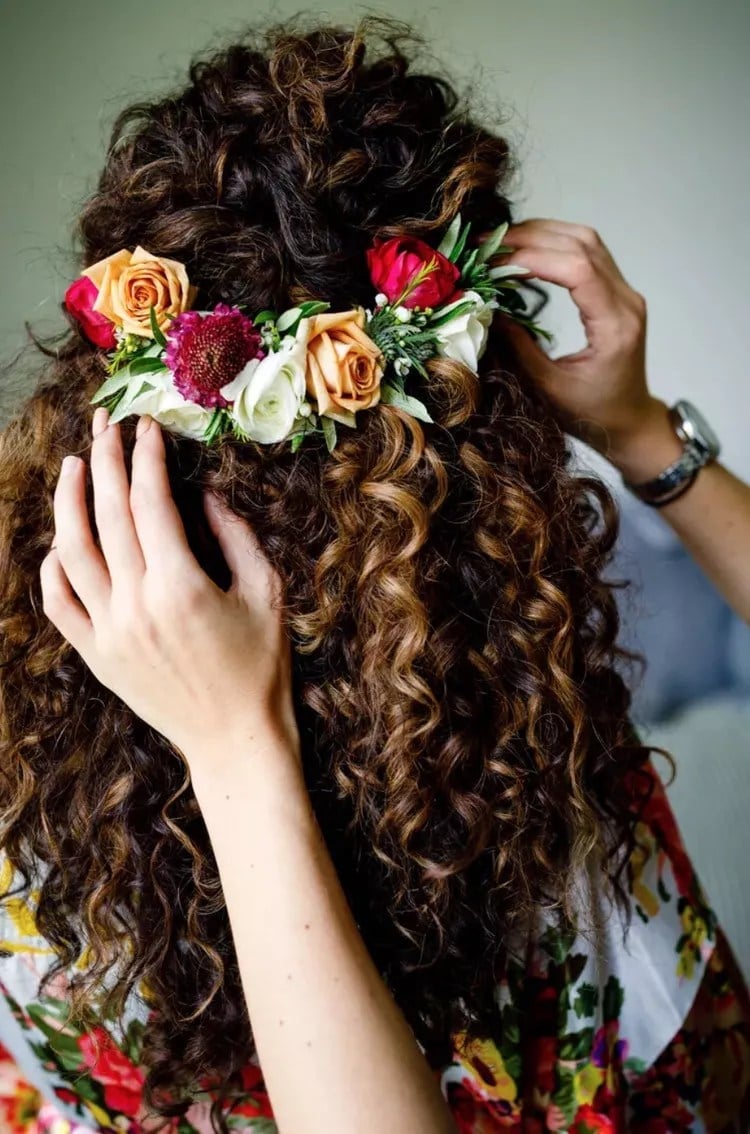 Mid-Back Updo With Floral Crown Mid-Back Updo With Floral Crown — Curly Hair Wedding