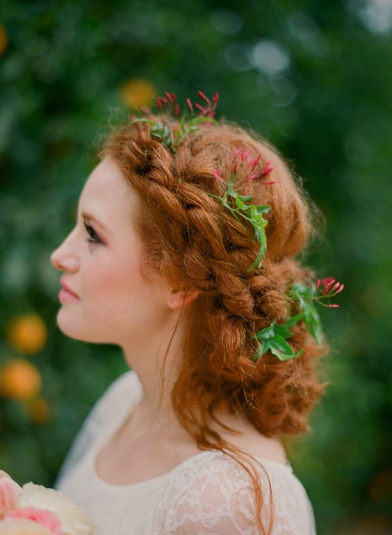 Shoulder Red Braided Updo With Flowers Shoulder Red Braided Updo With Flowers — Curly Hair Wedding