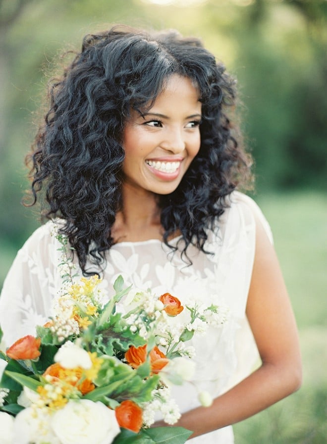 Mid-Back Updo With Braids And Roses, Dark Brown Mid-Back Updo With Braids And Roses, Dark Brown — Curly Hair Wedding
