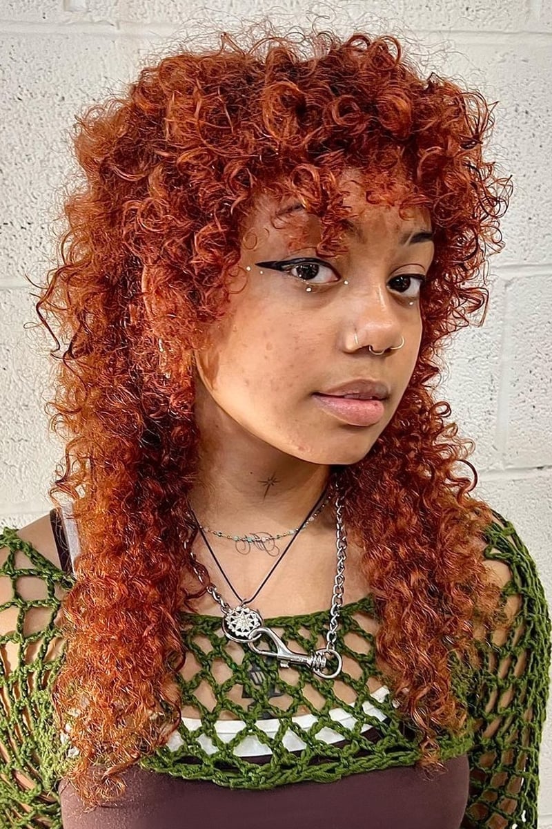 Collarbone Copper Shag With Curtain Bangs, Middle — Curly Shag