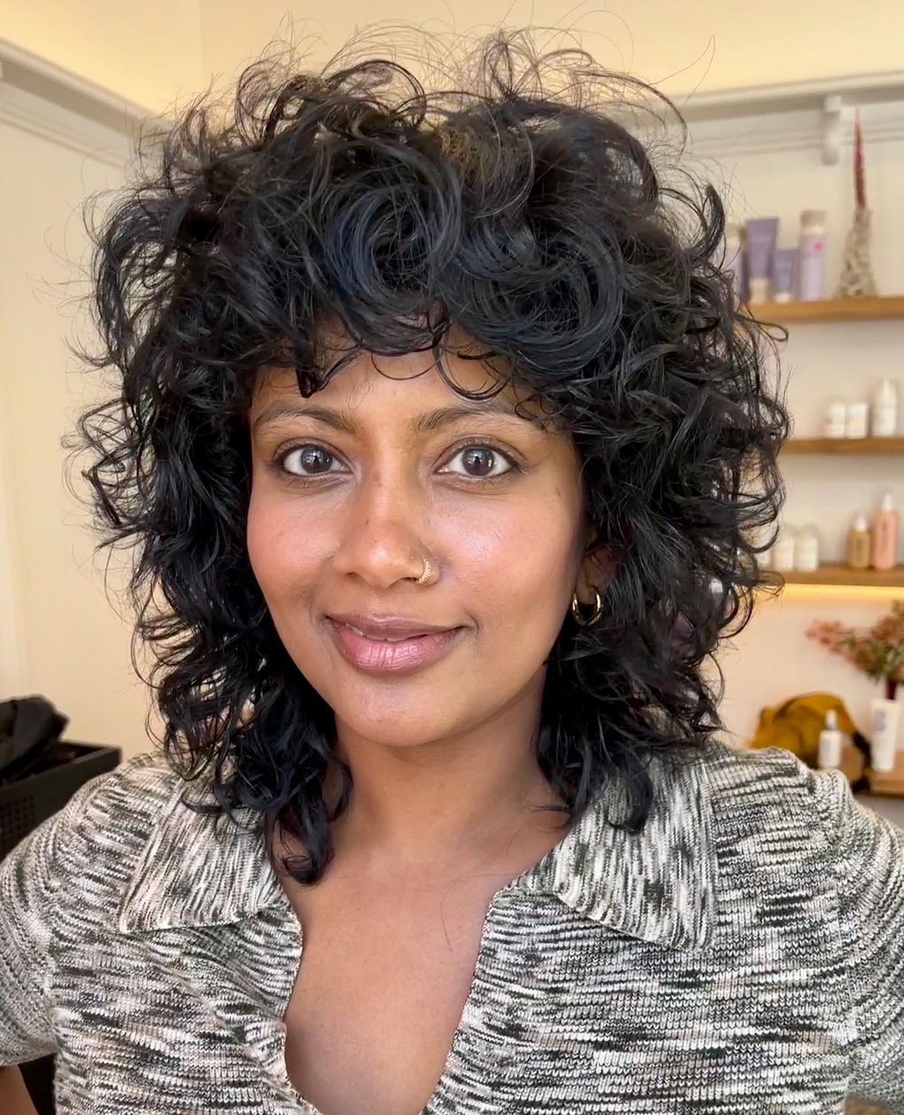 Shoulder Black Shag With Short Fringe — Curly Shag