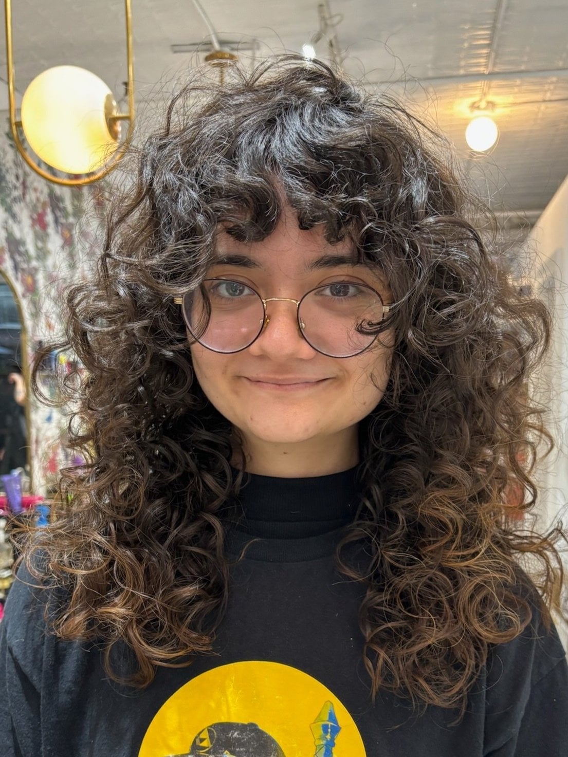 Collarbone Dark Brown Wolf Cut With Curly Bangs and Air Dried — Curly Wolf Cut