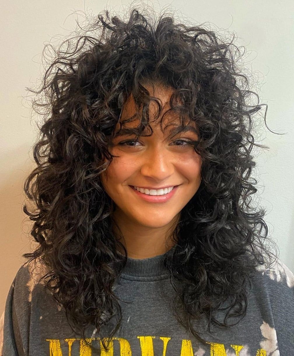 Shoulder Length Dark Brown Wolf Cut With Choppy Bangs and Air Dried — Curly Wolf Cut