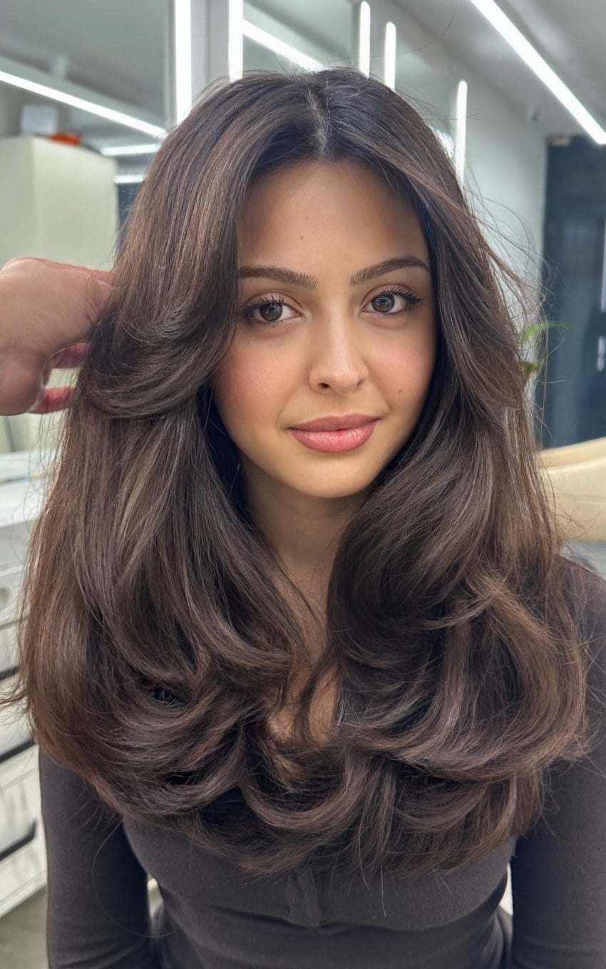 Dark Brown With Voluminous Layers, Mid-Back — Curtain Bangs Long Hair