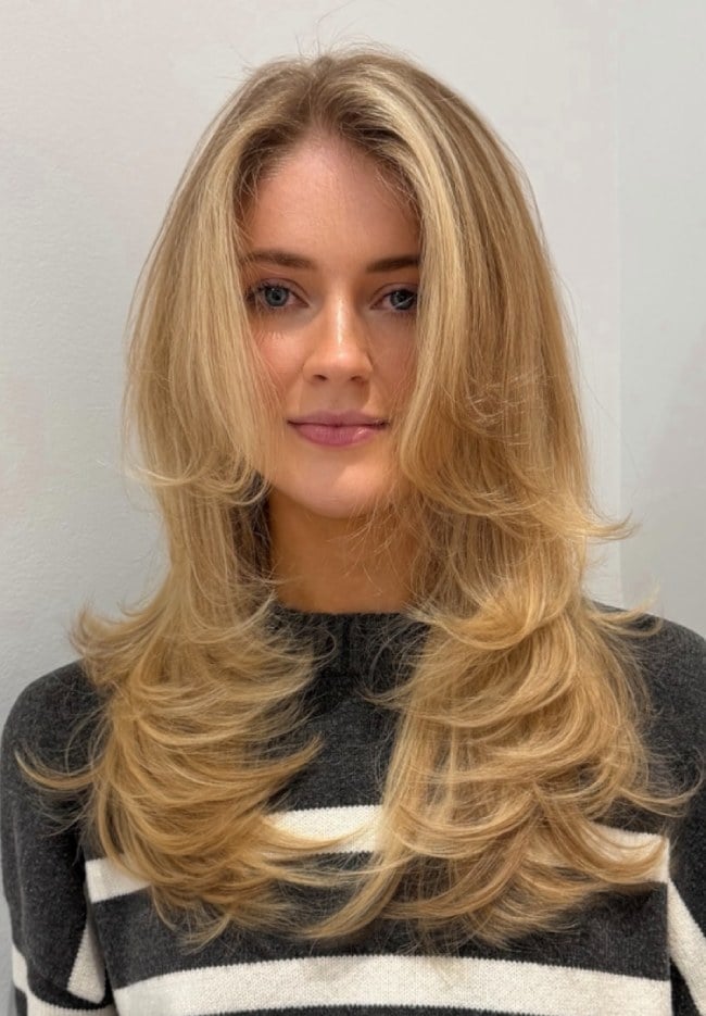 Golden Blonde With Voluminous Blowout — Curtain Bangs Long Hair