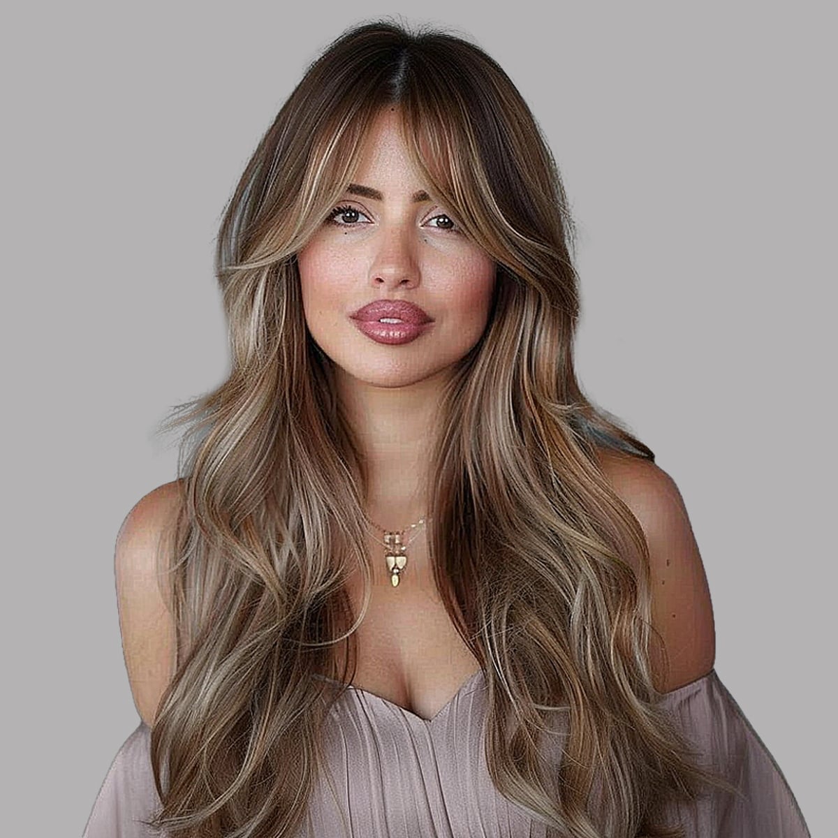 Brown With Blonde Balayage And Side Sweep — Curtain Bangs Long Hair