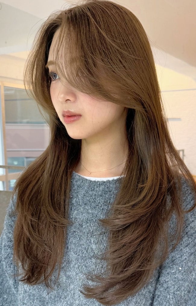 Medium Brown With Feathered Curtain Bangs — Curtain Bangs Long Hair