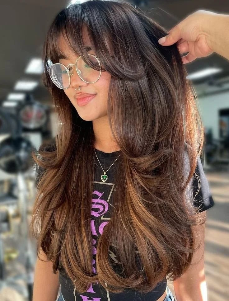 Dark Brown With Balayage And Volume — Curtain Bangs Long Hair