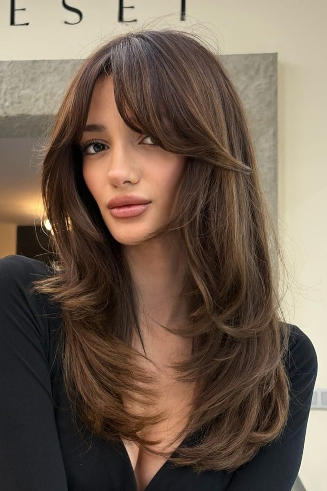 Mocha Brown With Face-Framing Layers — Curtain Bangs Long Hair