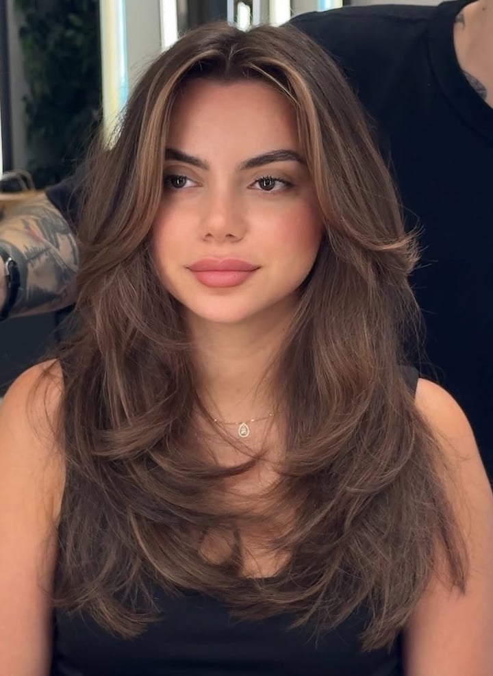Medium Brown With Face-Framing Bangs — Curtain Bangs Long Hair