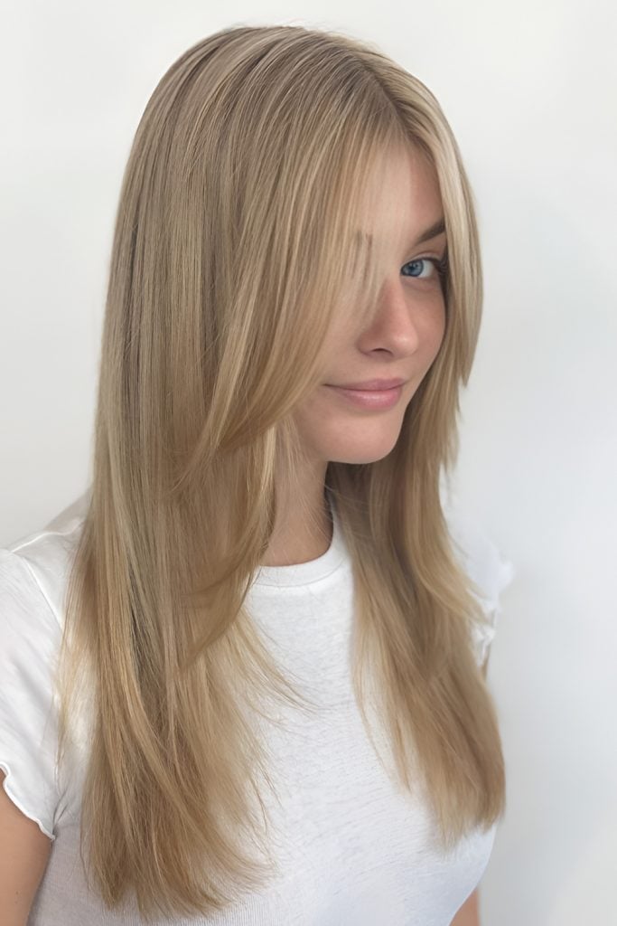 Cool Ash Blonde With Smooth Blowout — Curtain Bangs Long Hair